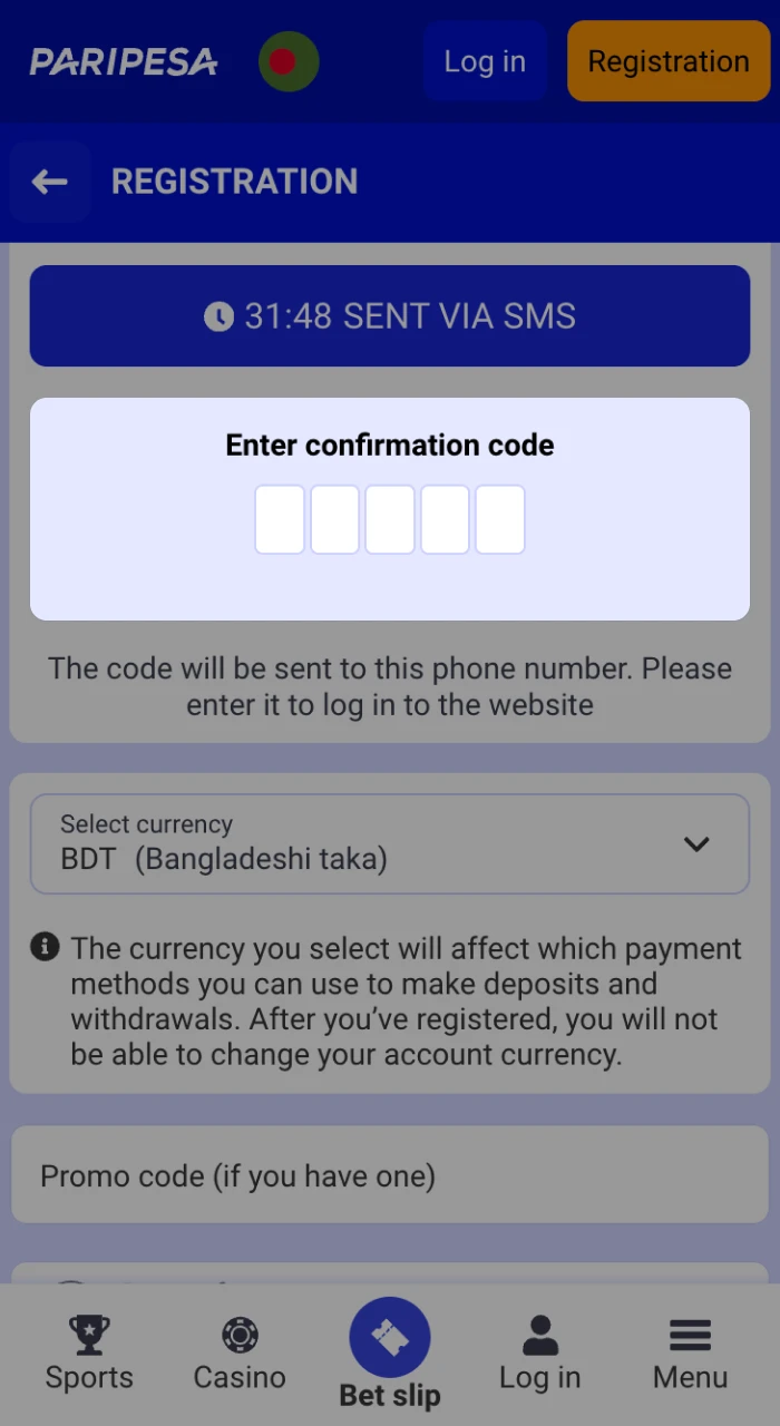 Activate your phone number at Paripesa register form.